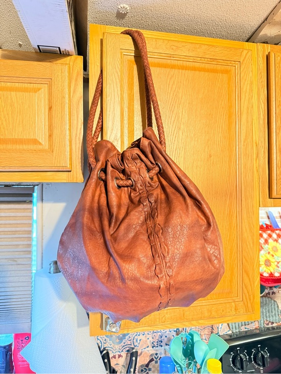 Handbags - Women's Brown Leather Drawstring Shoulder Bag